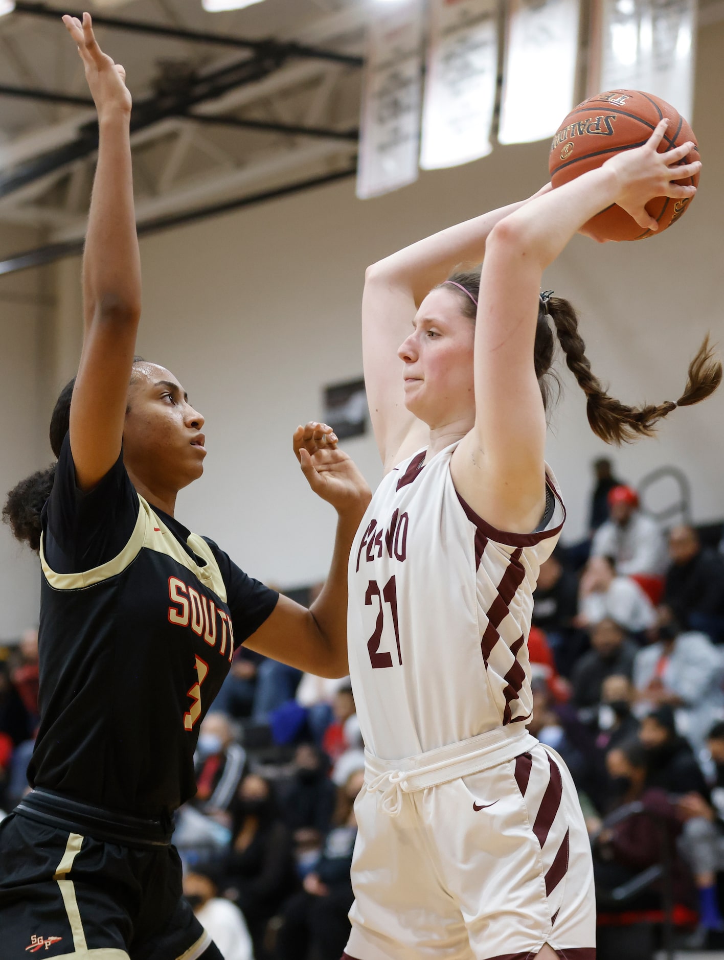 South Grand Prairie High School Taylor Barnes (3) defends Plano Senior High School Josie...