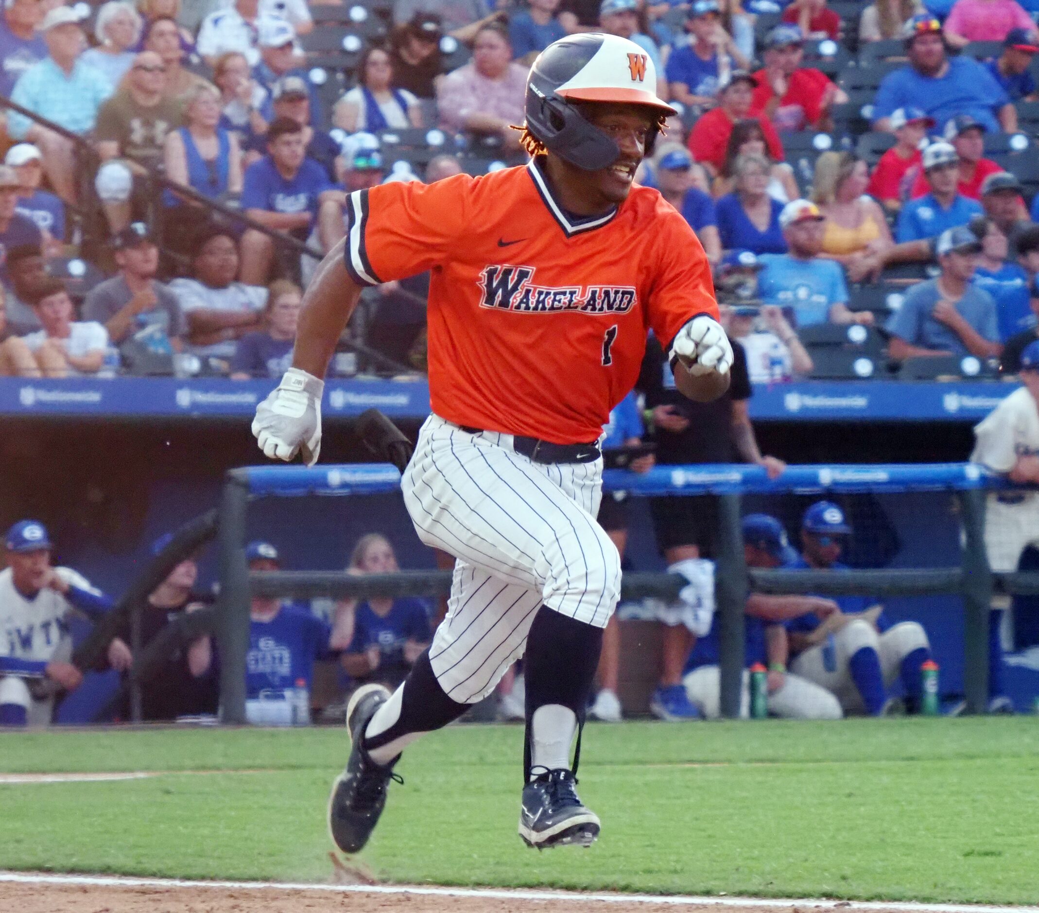 Frisco Wakeland batter Addison Brown (1) runs towards first against Georgetown in the UIL...