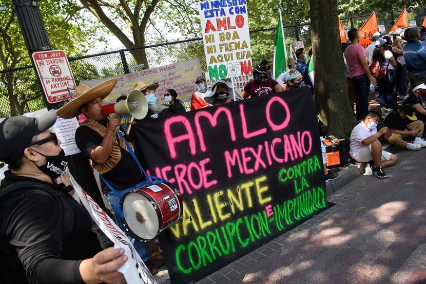 Supporters of Mexican President Andres Manuel Lopez Obrador gather near the White House on...