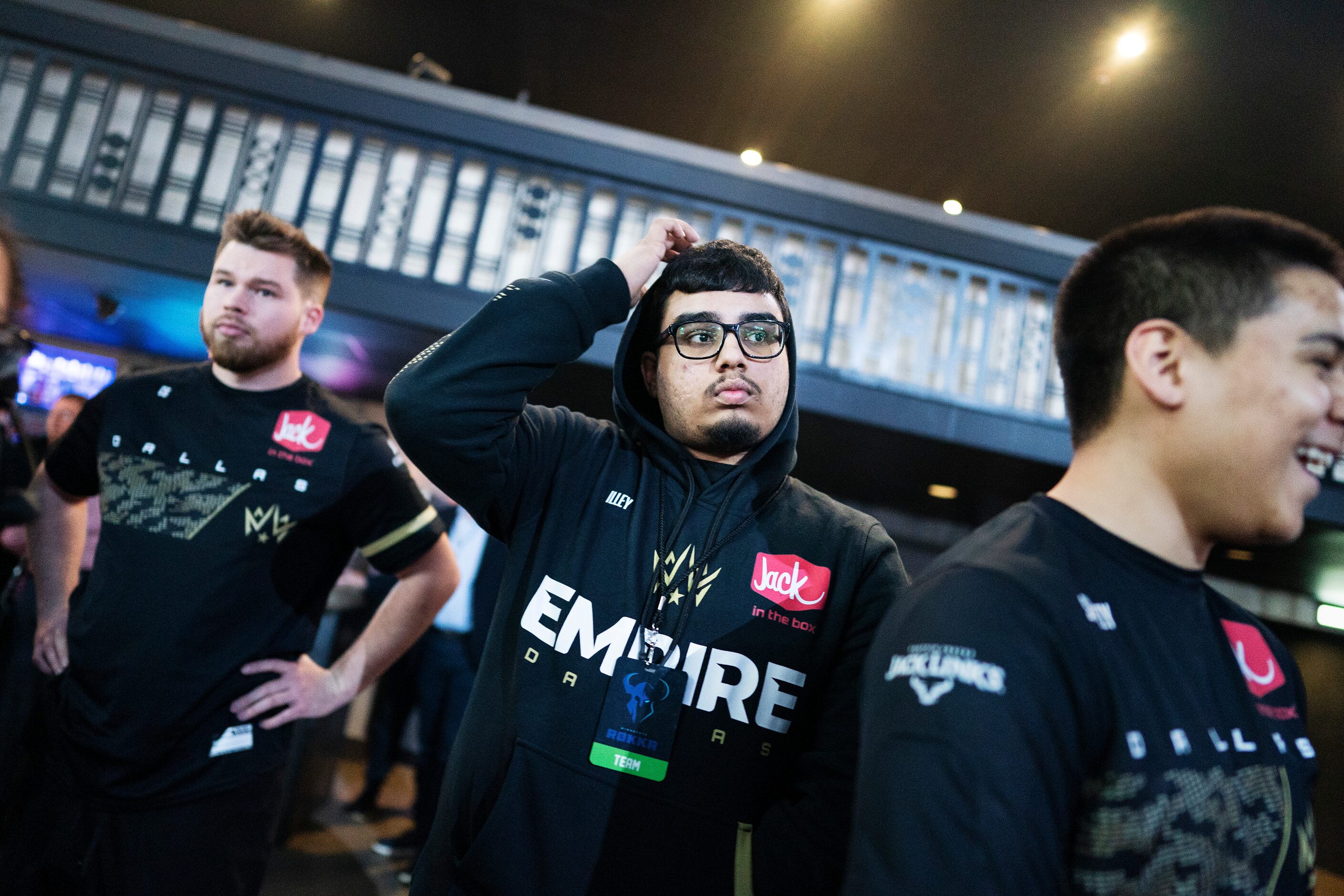 Illy (Indervir Dhaliwal), center, waits with teammates before the Dallas EmpireÕs match...