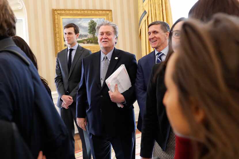 From left, White House Senior Advisers Jared Kushner, Steve Bannon and National Security...