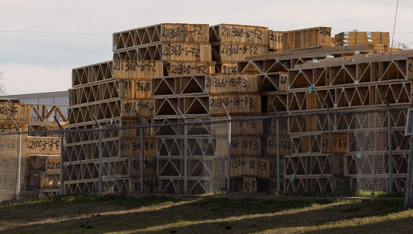 Stacks of roof trusses outside of Noltex Truss, a Grandview-based construction truss...