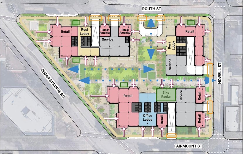 The buildings with ground floor retail would be surrounded by landscaped open space.