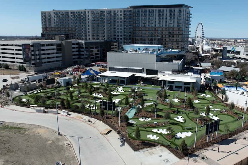 Aerial view of the new PopStroke mini-golf venue in The Colony's Grandscape entertainment,...