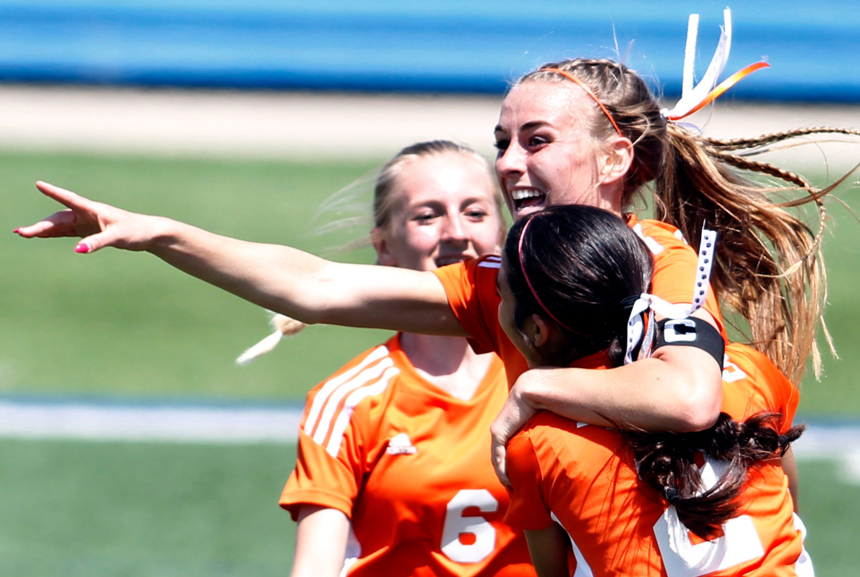 Celina forward Lexi Tuite (7) points into the crowd as she celebrates her second goal with...