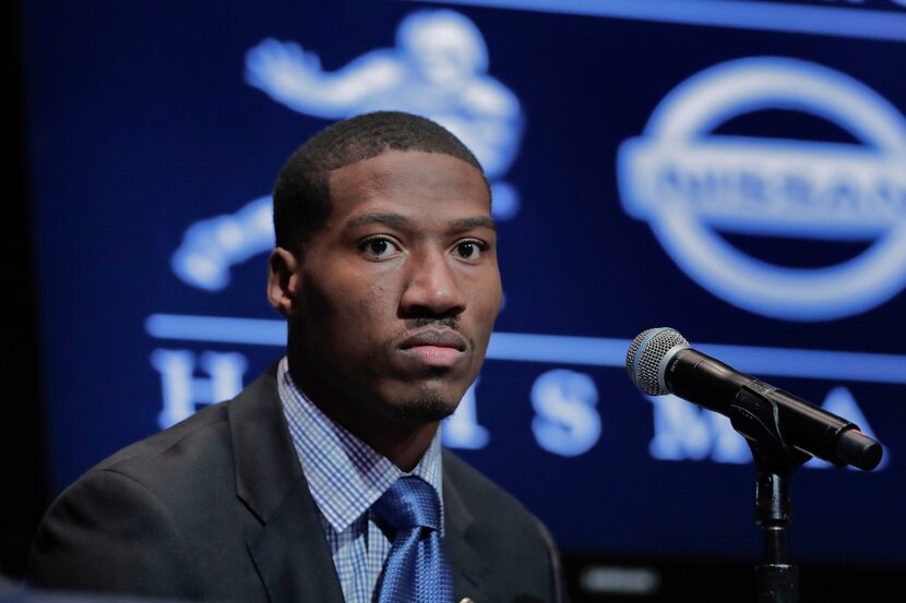 Oklahoma's Dede Westbrook answers questions during a news conference before attending the...