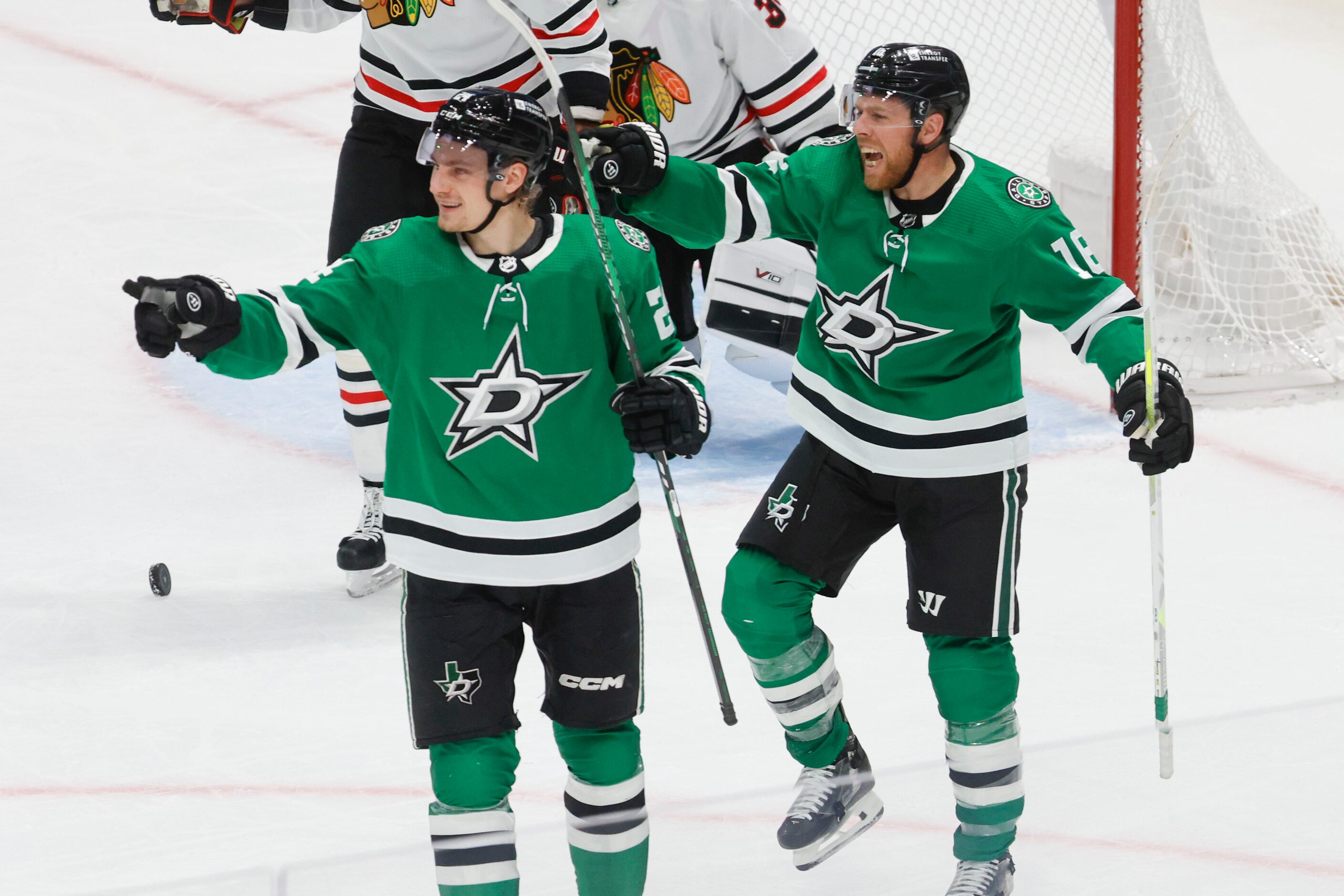 Dallas Stars center Roope Hintz (left) and Dallas Stars center Joe Pavelski (right)...