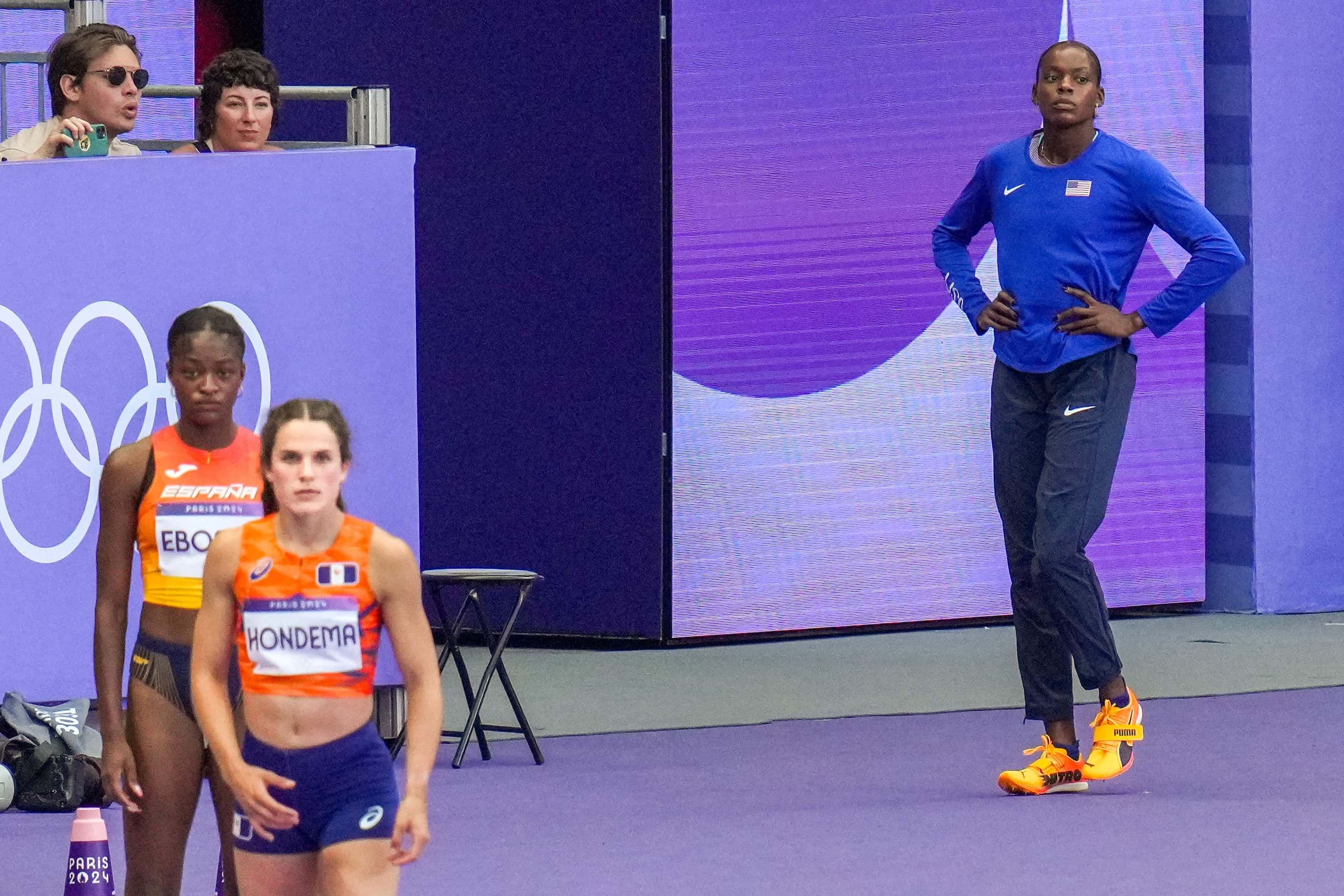 Jasmine Moore of the United States waits to compete in women’s long jump qualification at...