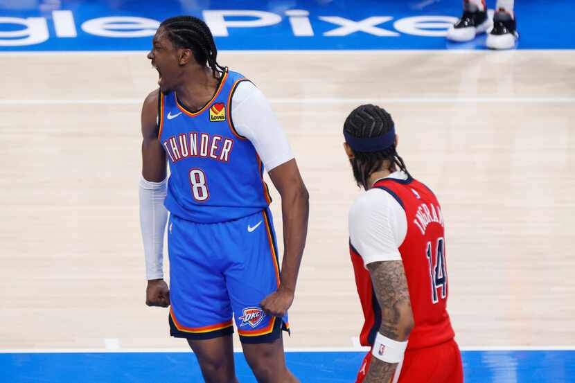 Oklahoma City Thunder forward Jalen Williams (8) yells after a dunk, near New Orleans...