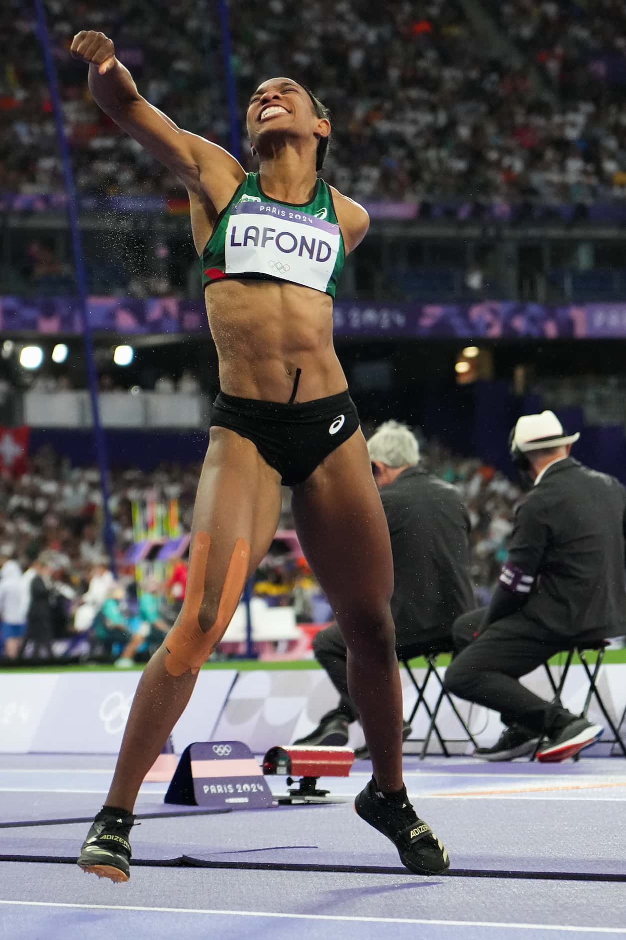 Thea LaFond of Dominica reacts while competing in the women’s triple jump final at the 2024...