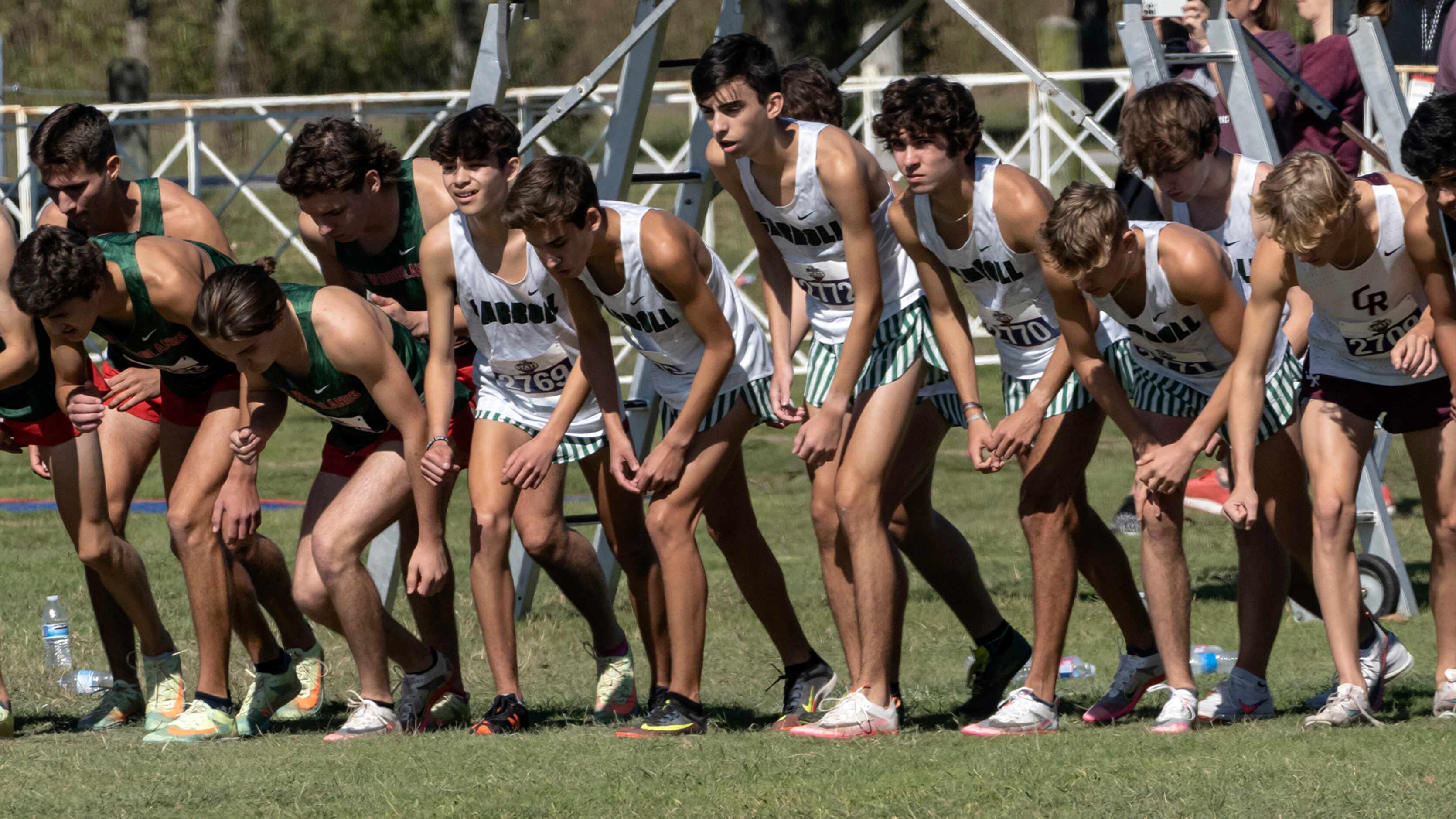 Southlake Carroll boys team line up as the start line of the 2021 UIL 6A Cross Country State...