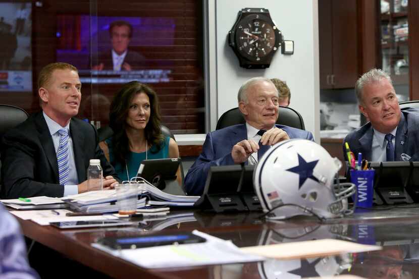 Dallas Cowboys Head Coach Jason Garrett, Owner Jerry Jones and Executive Vice President/COO...