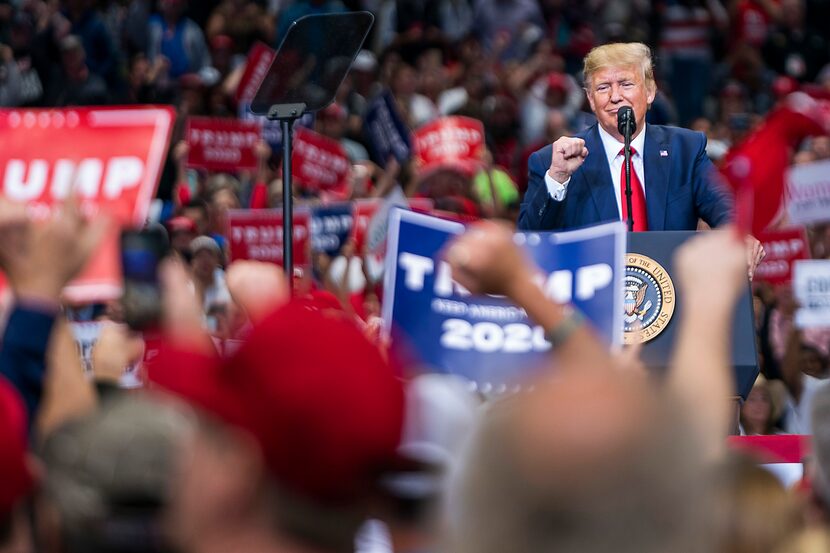 President Donald Trump speaks during a campaign rally at the American Airlines Center on...