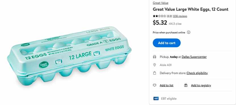 Great Value Large White Eggs, 12 Count sold at Walmart in Dallas on January 25th, 2023 for...