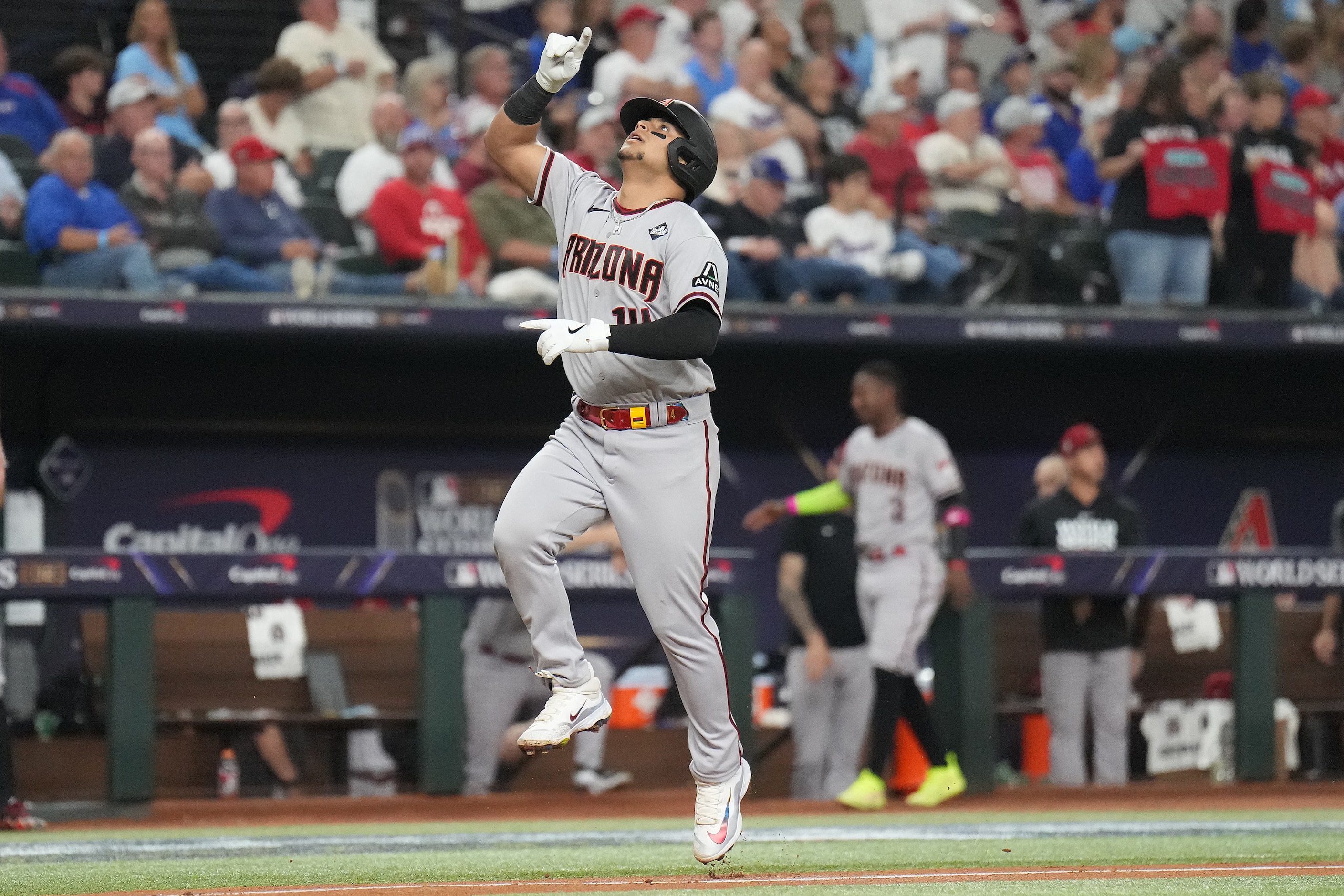 Arizona Diamondbacks' Gabriel Moreno celebrates after hitting a solo home run off Texas...