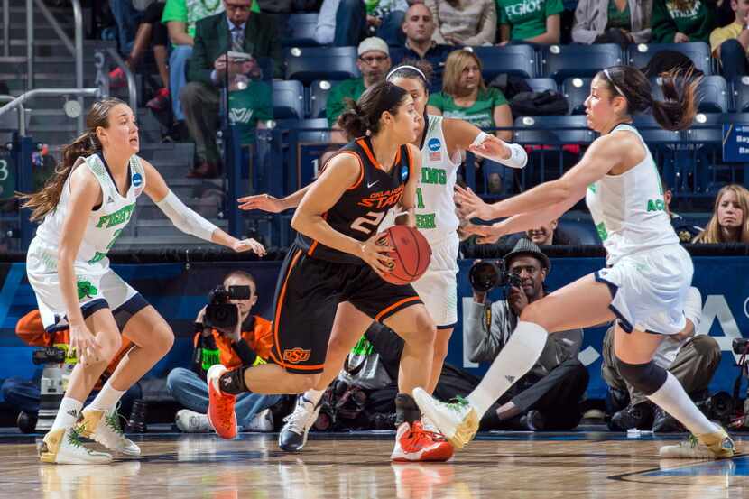 Oklahoma State Cowgirls guard Brittney Martin (22) looks to pass as Notre Dame Fighting...