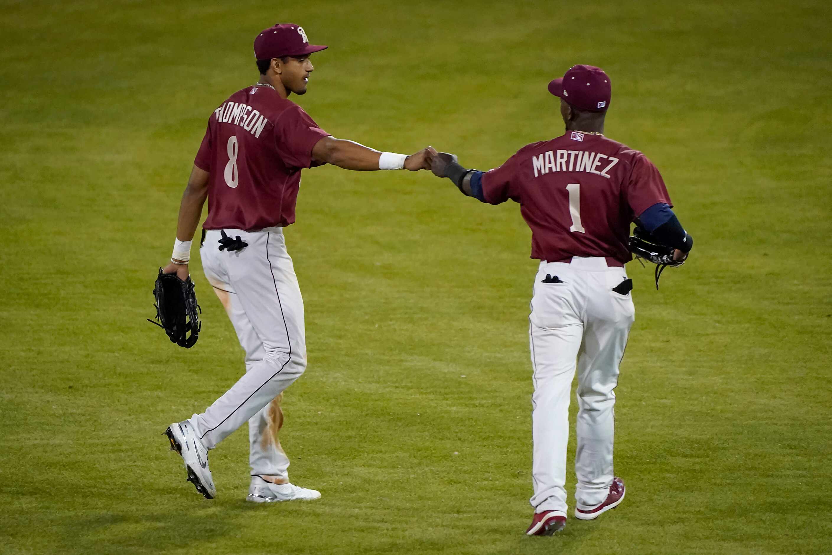 Frisco RoughRiders outfielders J.P. Martinez
and Bubba Thompson celebrate after a victory in...