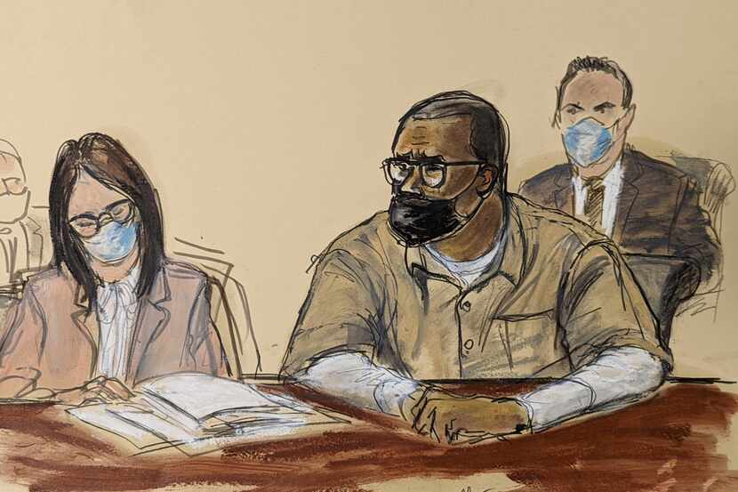 In this courtroom sketch, R. Kelly and his attorney Jennifer Bonjean, left, appear during...