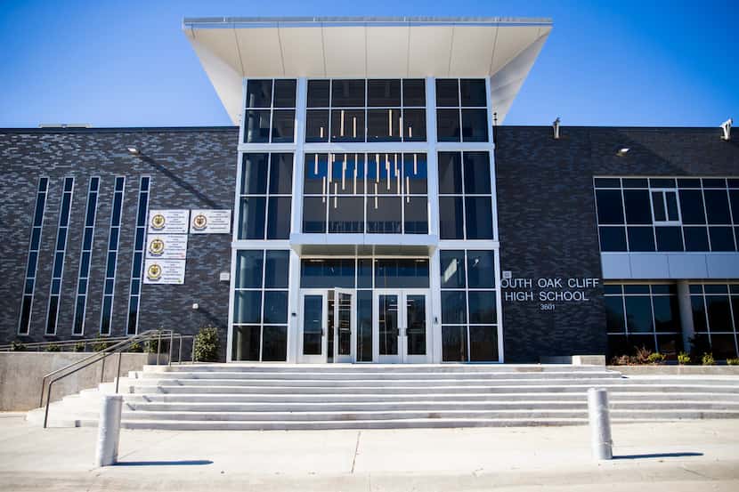 The new front entrance of South Oak Cliff High School where students will participate in the...
