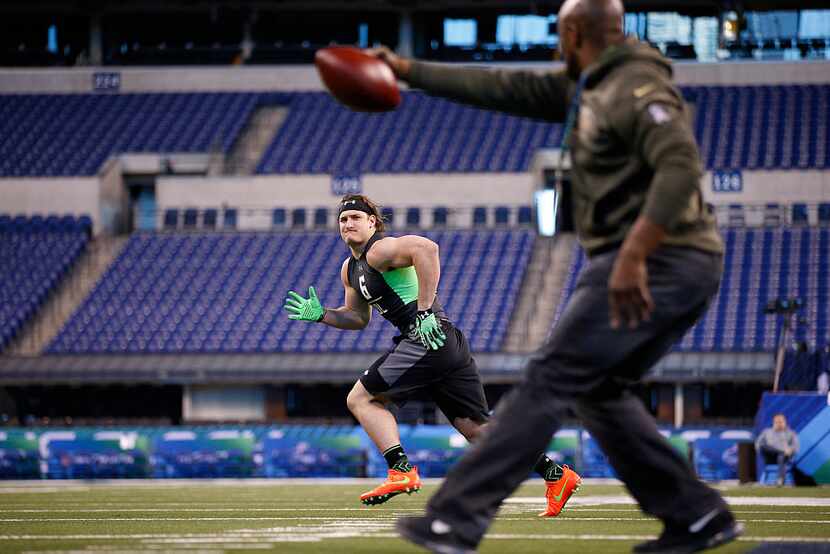 INDIANAPOLIS, IN - FEBRUARY 28: Defensive lineman Joey Bosa of Ohio State participates in a...