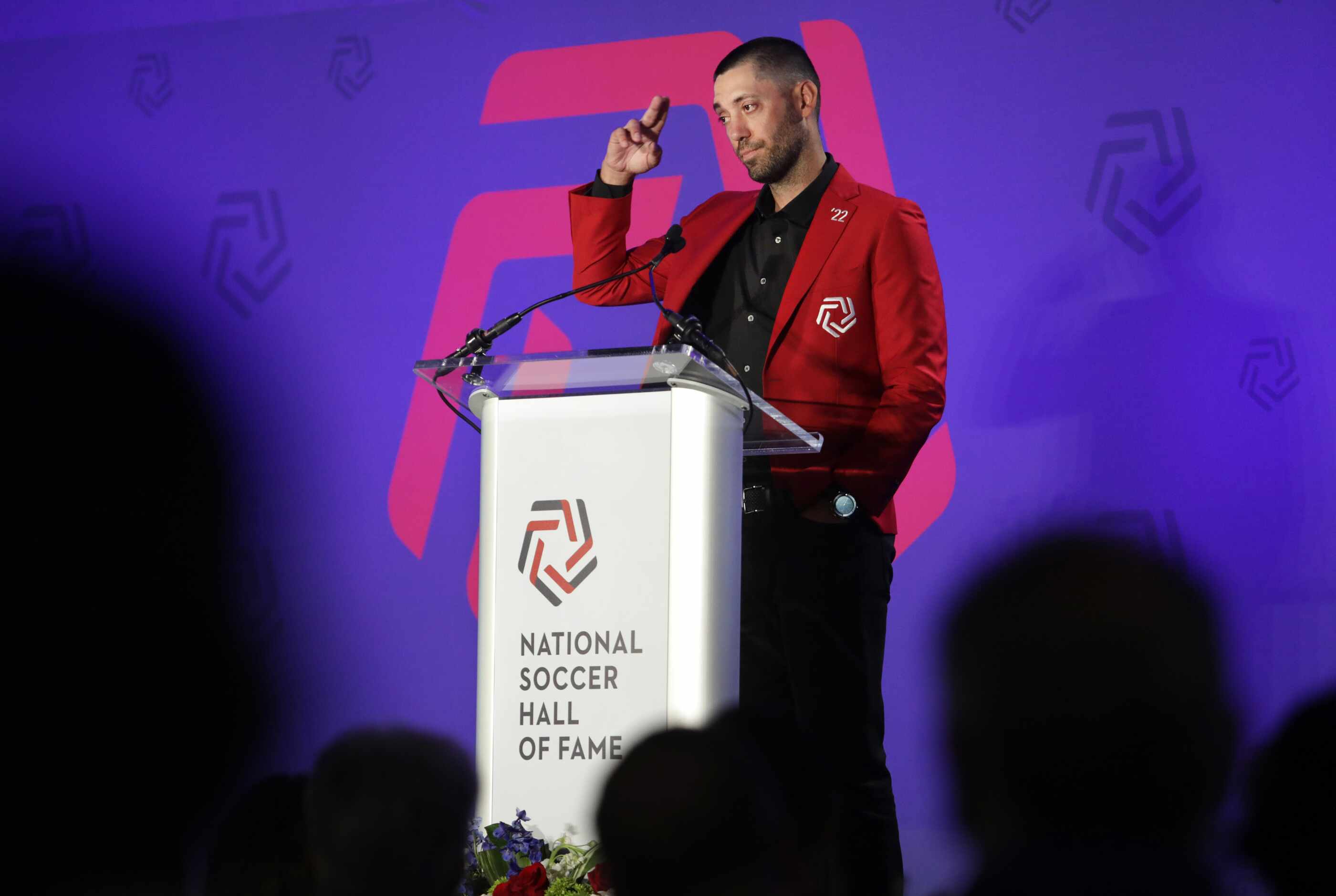 Clint Dempsey thanks the crowd for his induction during the National Soccer Hall of Fame...