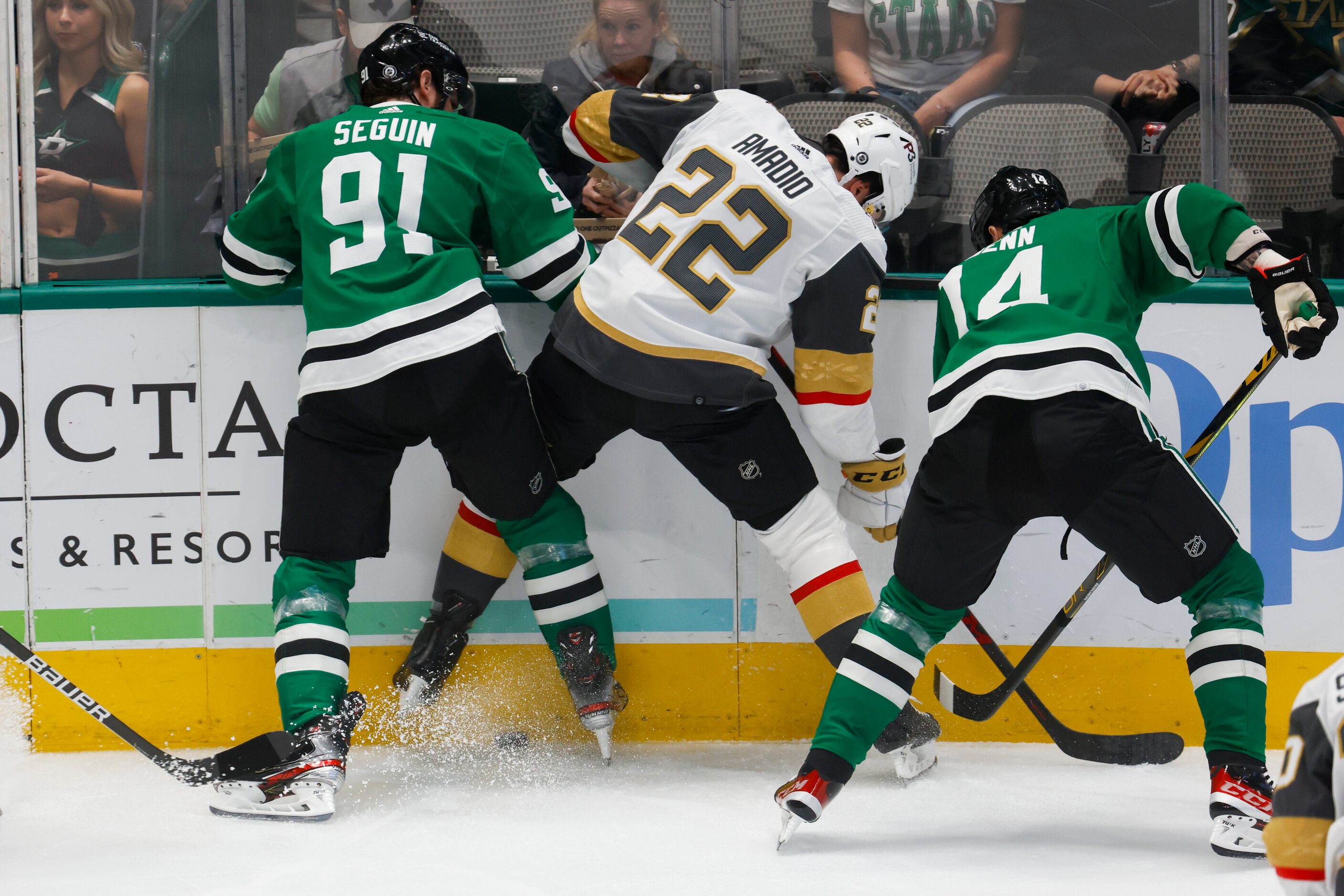 Dallas Stars center Tyler Seguin (91) and Dallas Stars left wing Jamie Benn (14) battle...