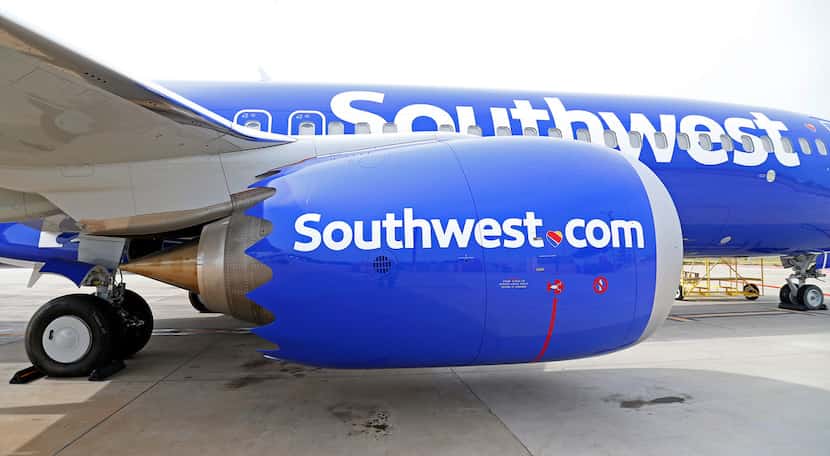 An engine of a Southwest Airlines' new plane, the 737 Max, at headquarters in Dallas.
