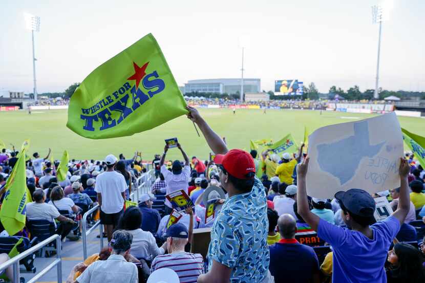Crowd cheers during the opening game of Major League Cricket between Texas Super Kings and...