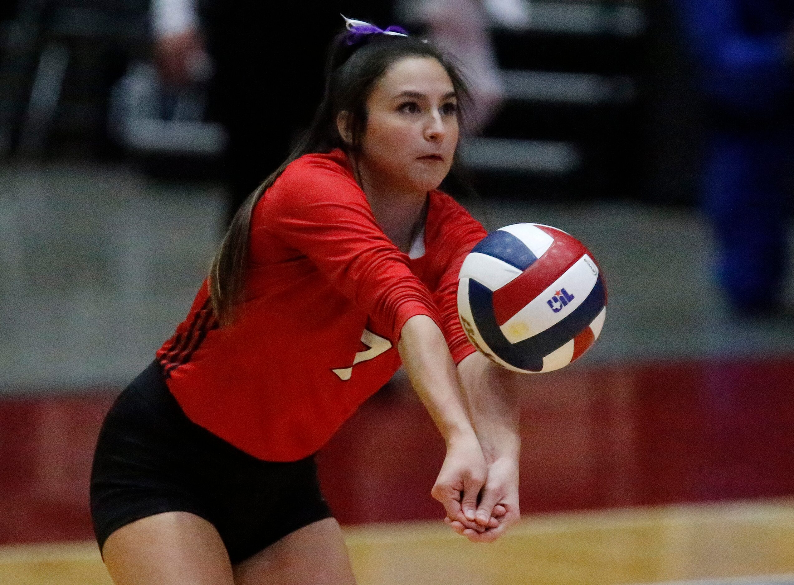 Colleyville Heritage High School liber Ava Ash (7) receives a serve during game two as...