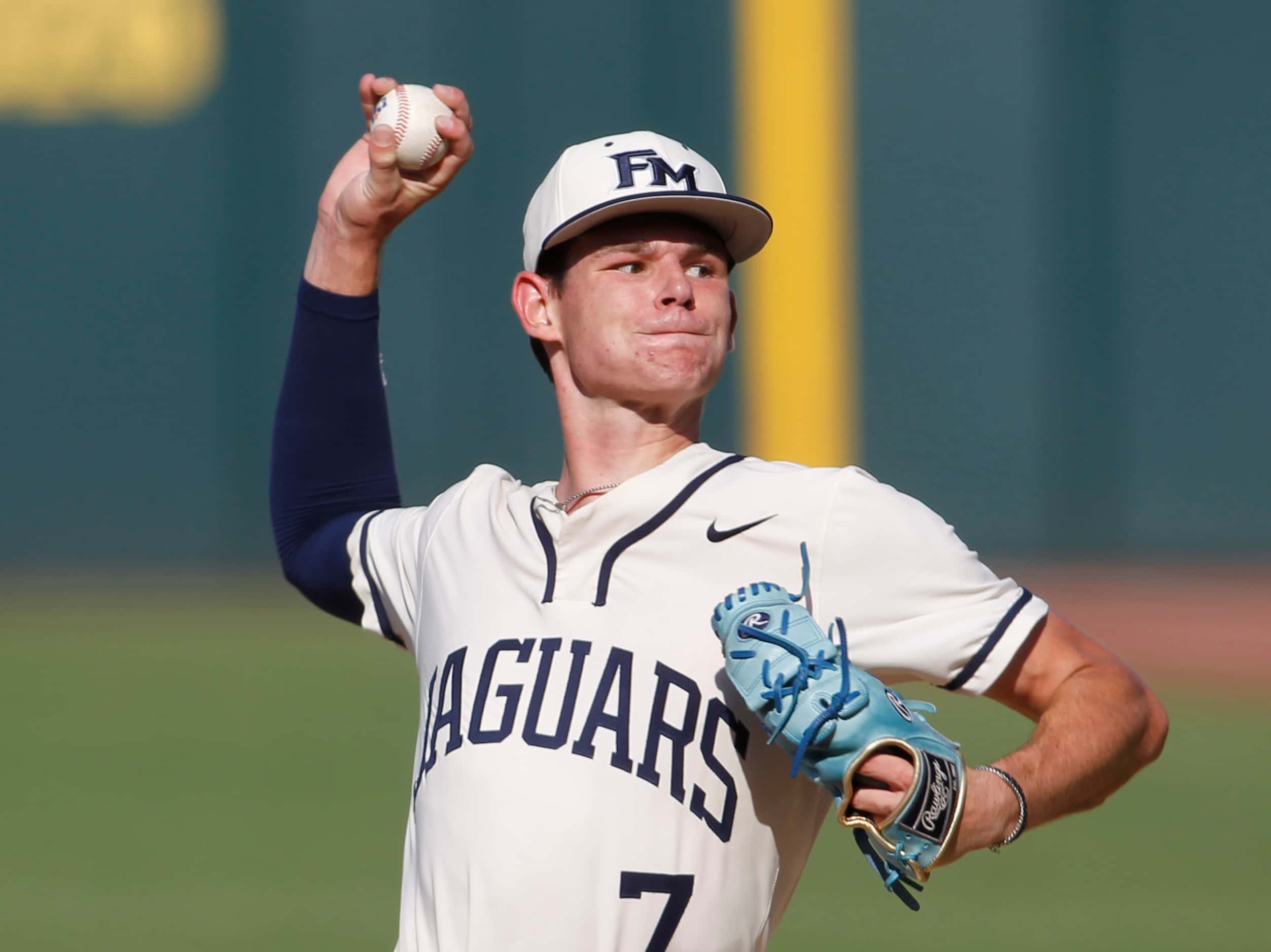 Flower Mound pitcher Zack James (7) delivers a pitch to a Pearland batter in the top of the...