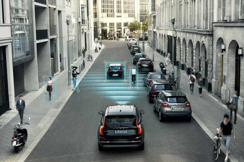 This undated photo rendering provided by Volvo Cars shows the car makers City Safety feature...
