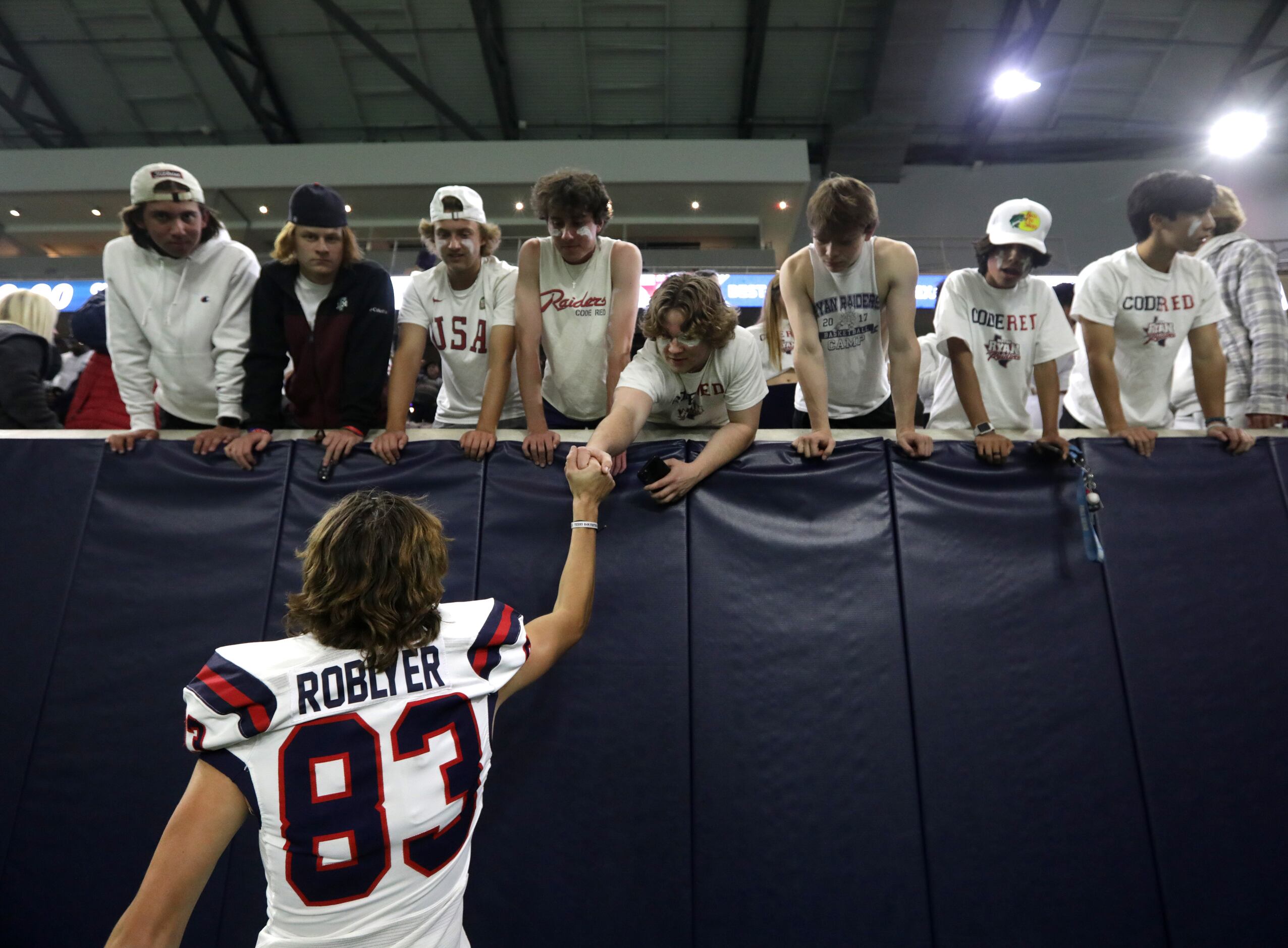 #83 Clayton Roblyer greets some friends after winning the Denton Ryan vs. Frisco Lone Star...