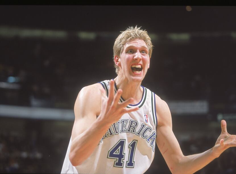 Dirk Nowitzki #41of the Dallas Mavericks reacts to the call during the game against the Los...