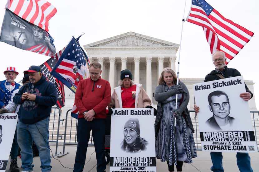 Supporters of former President Donald Trump protest outside of the Supreme Court on the...