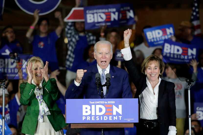 Former Vice President Joe Biden speaks at a primary election night campaign rally Tuesday,...
