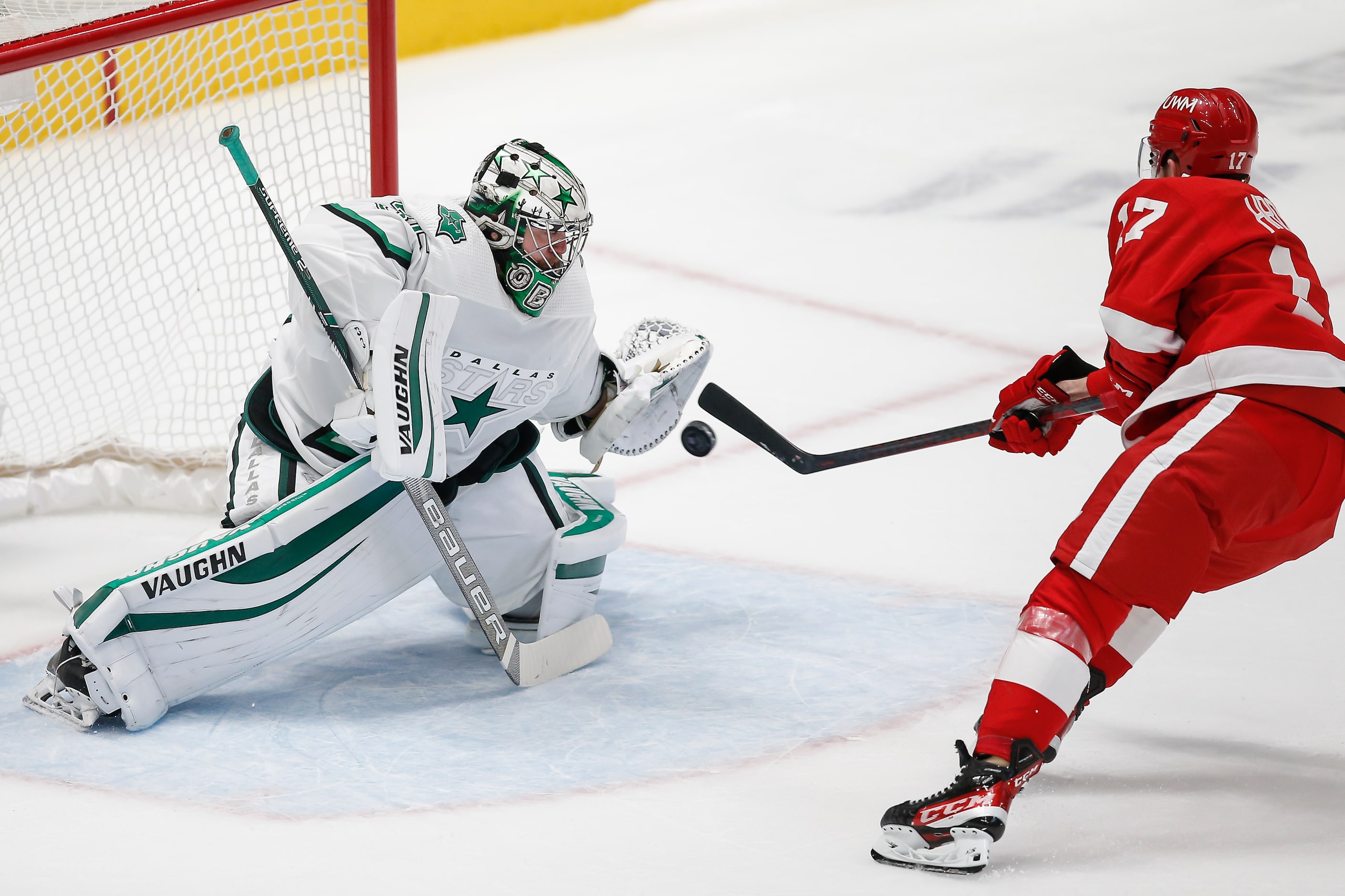 Dallas Stars goaltender Anton Khudobin (35) stops a shot by Detroit Red Wings defenseman...