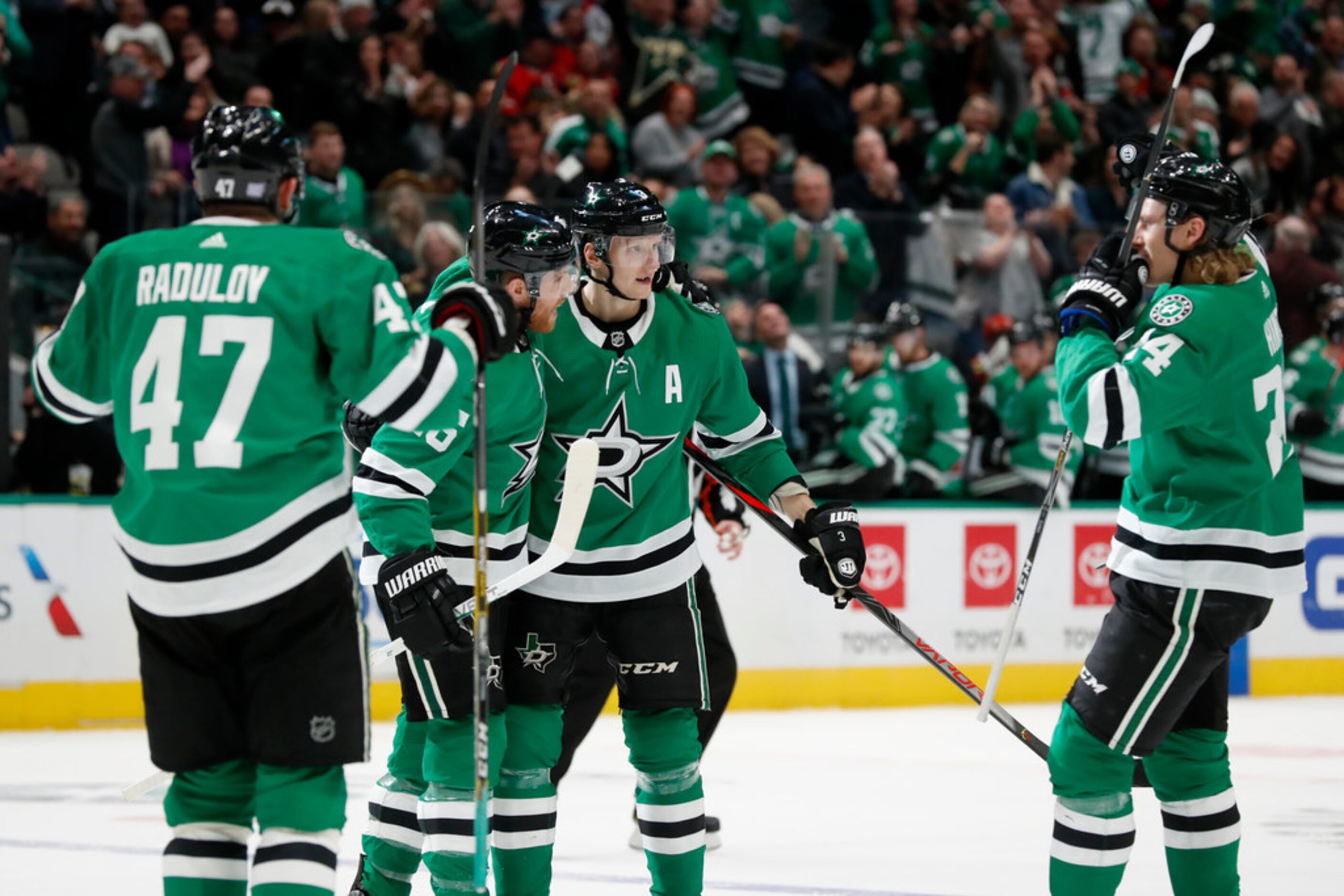 Dallas Stars' Alexander Radulov (47), Joe Pavelski, John Klingberg (3) and Roope Hintz (24)...