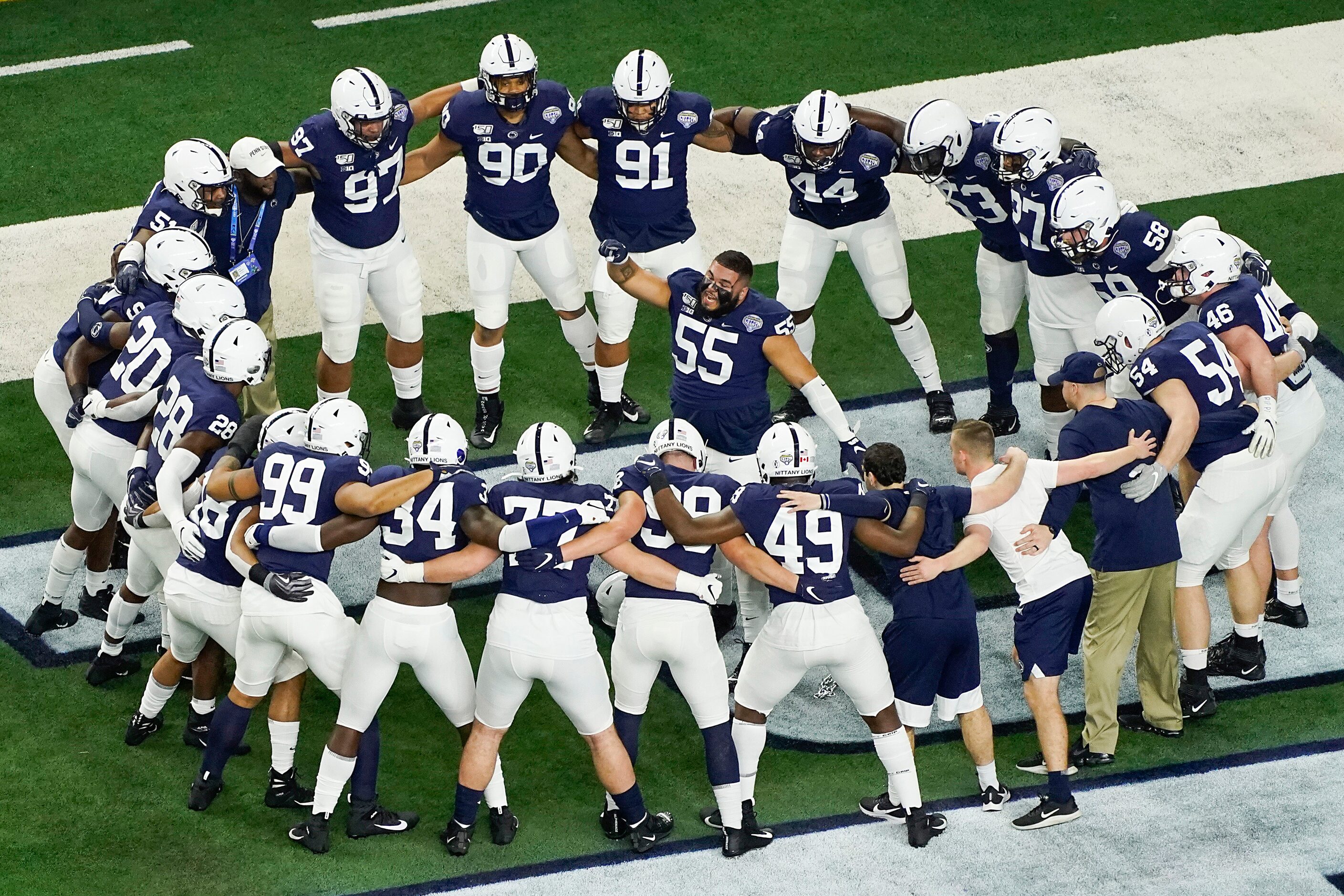 Penn State defensive tackle Antonio Shelton (55) fires up his teammates before the Goodyear...