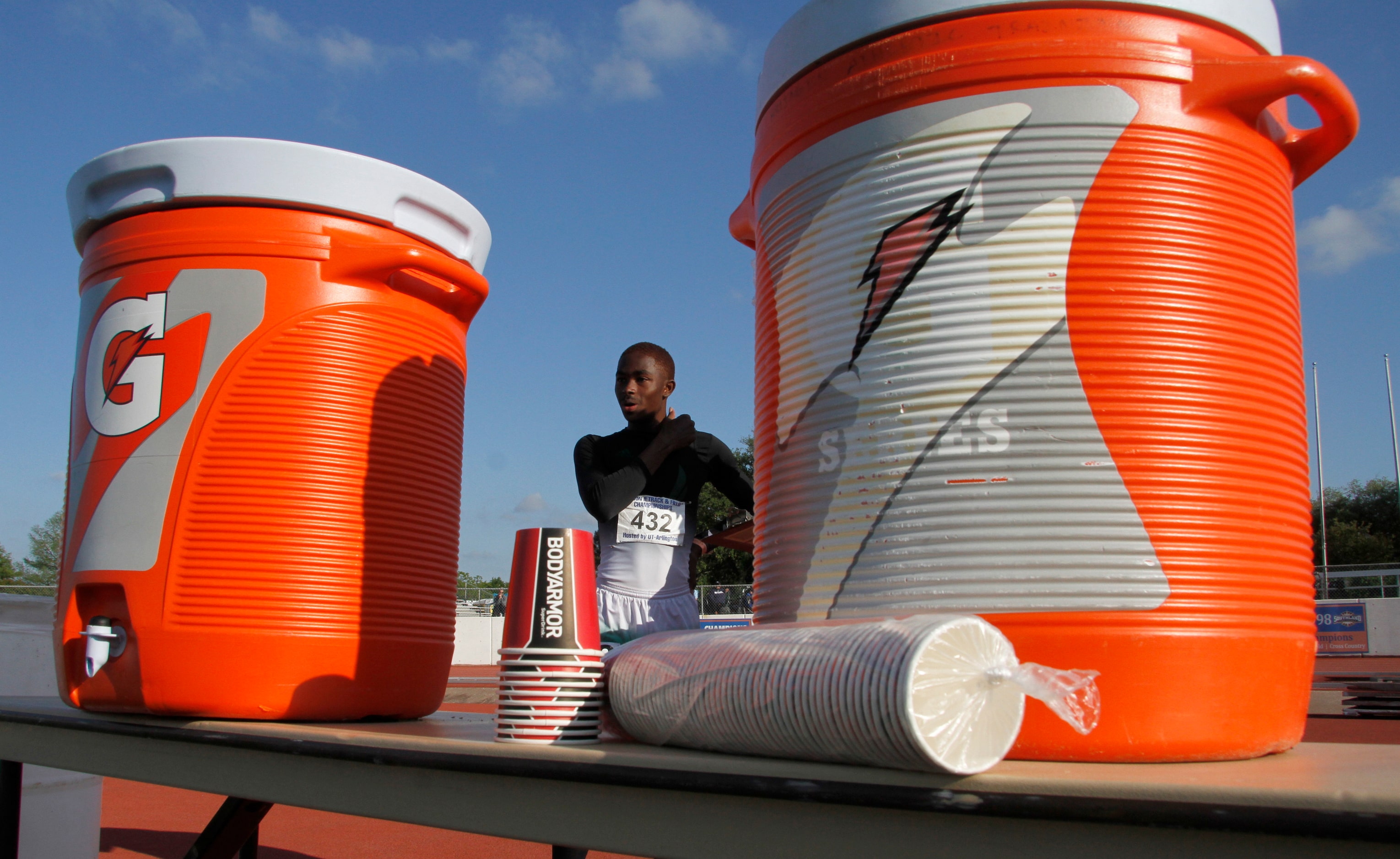 Mesquite Poteet's Kendrick Smallwood takes a breather between  events during the running...