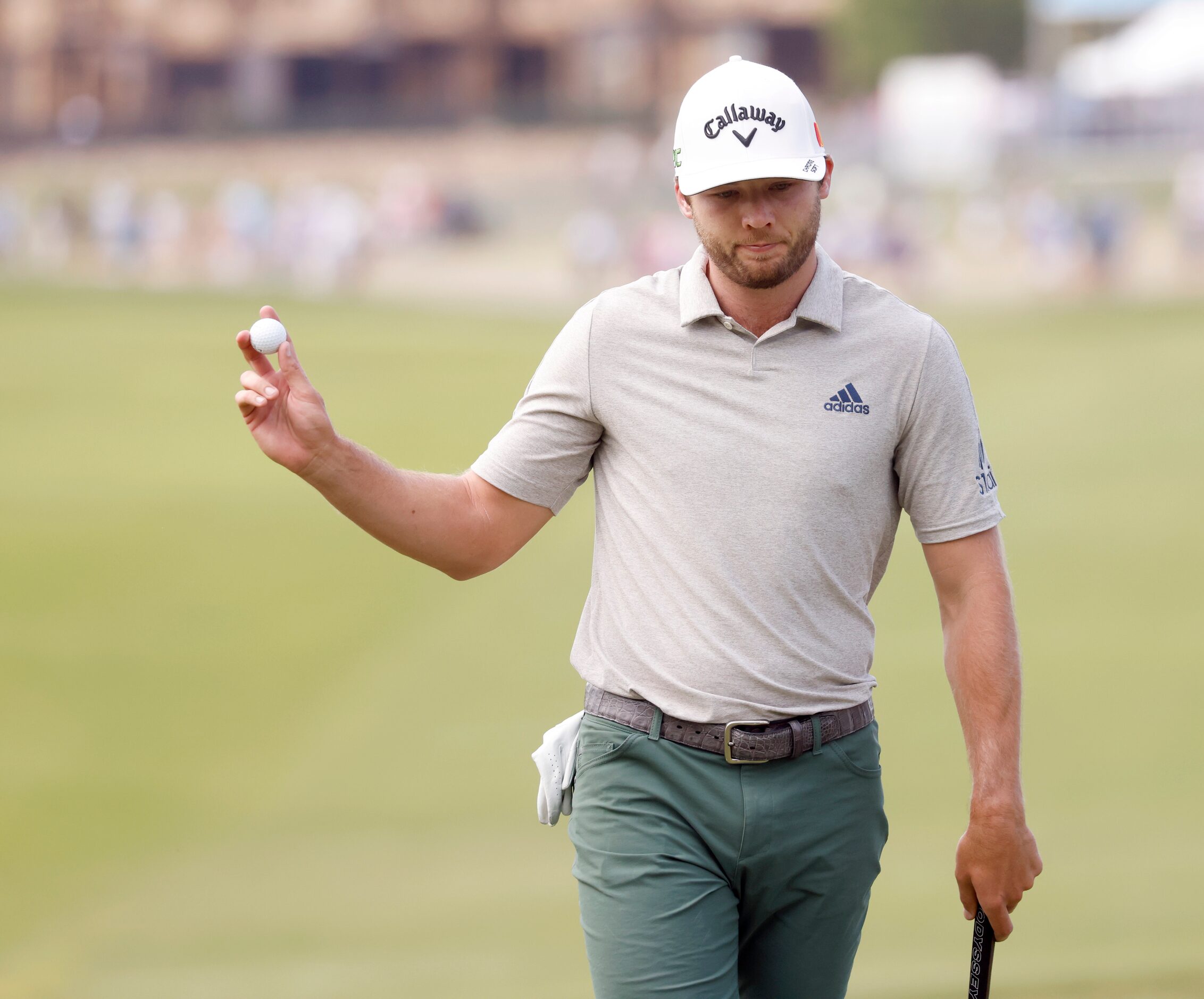 Sam Burns after getting a birdie on the 18th hole during round 3 of the AT&T Byron Nelson ...