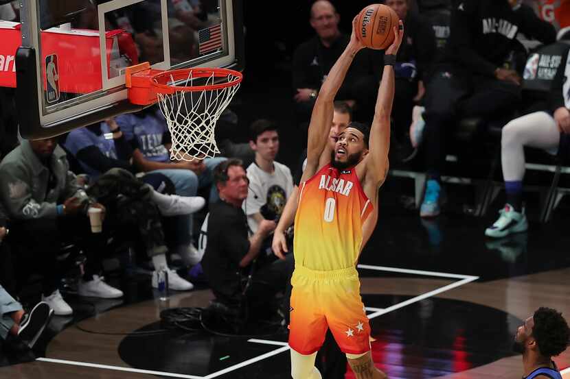 Team Giannis forward Jayson Tatum (0) dunks during the second half of the NBA basketball...