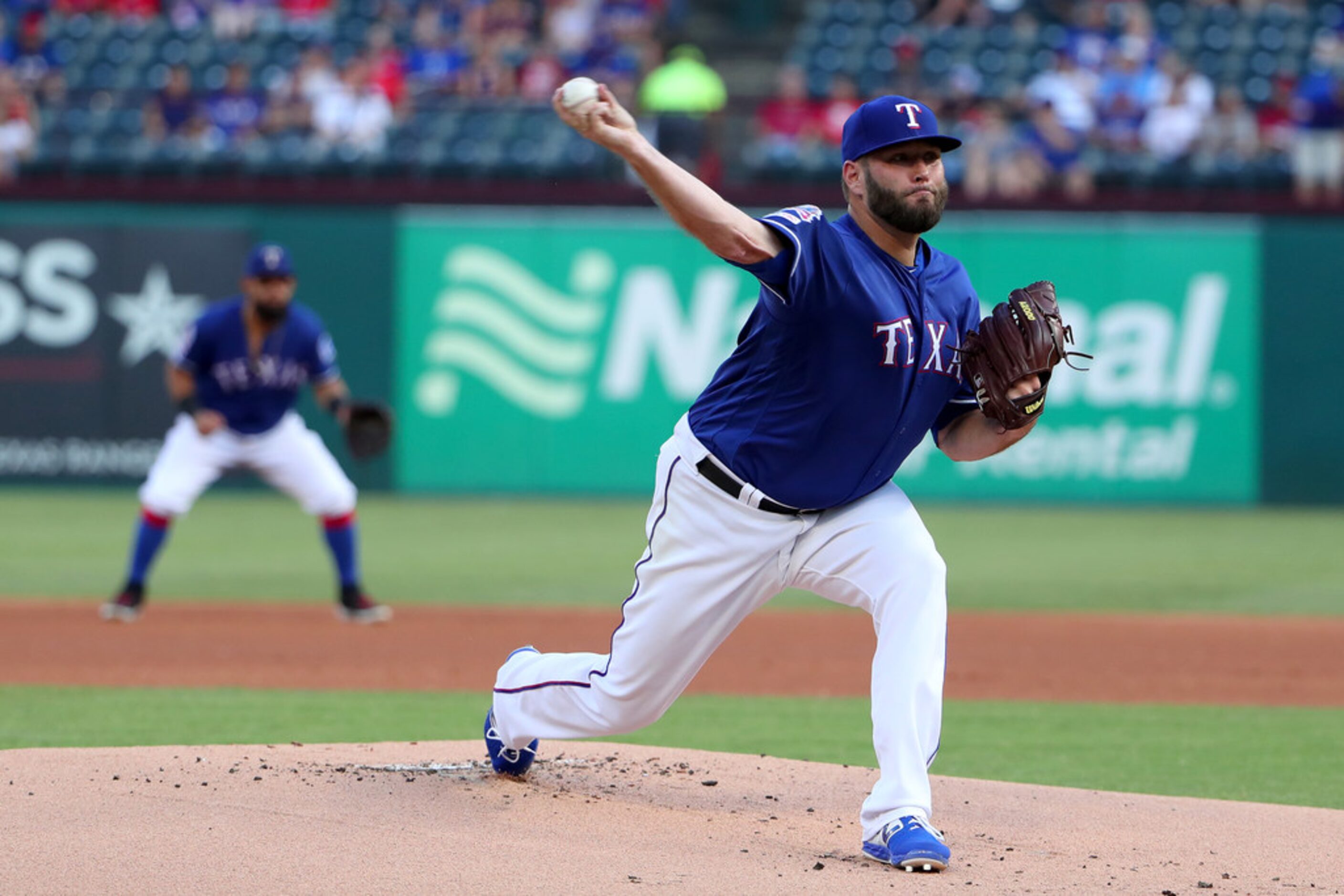 ARLINGTON, TEXAS - JULY 16: Lance Lynn #35 of the Texas Rangers pitches against the Arizona...