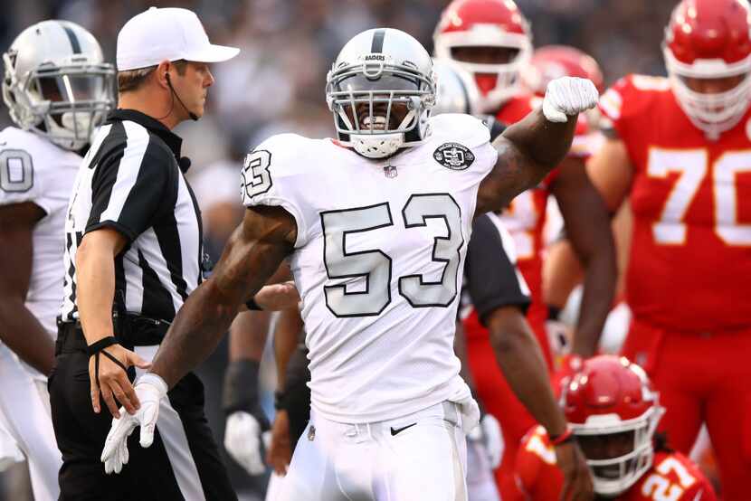 OAKLAND, CA - OCTOBER 19:  NaVorro Bowman #53 of the Oakland Raiders reacts after a play...