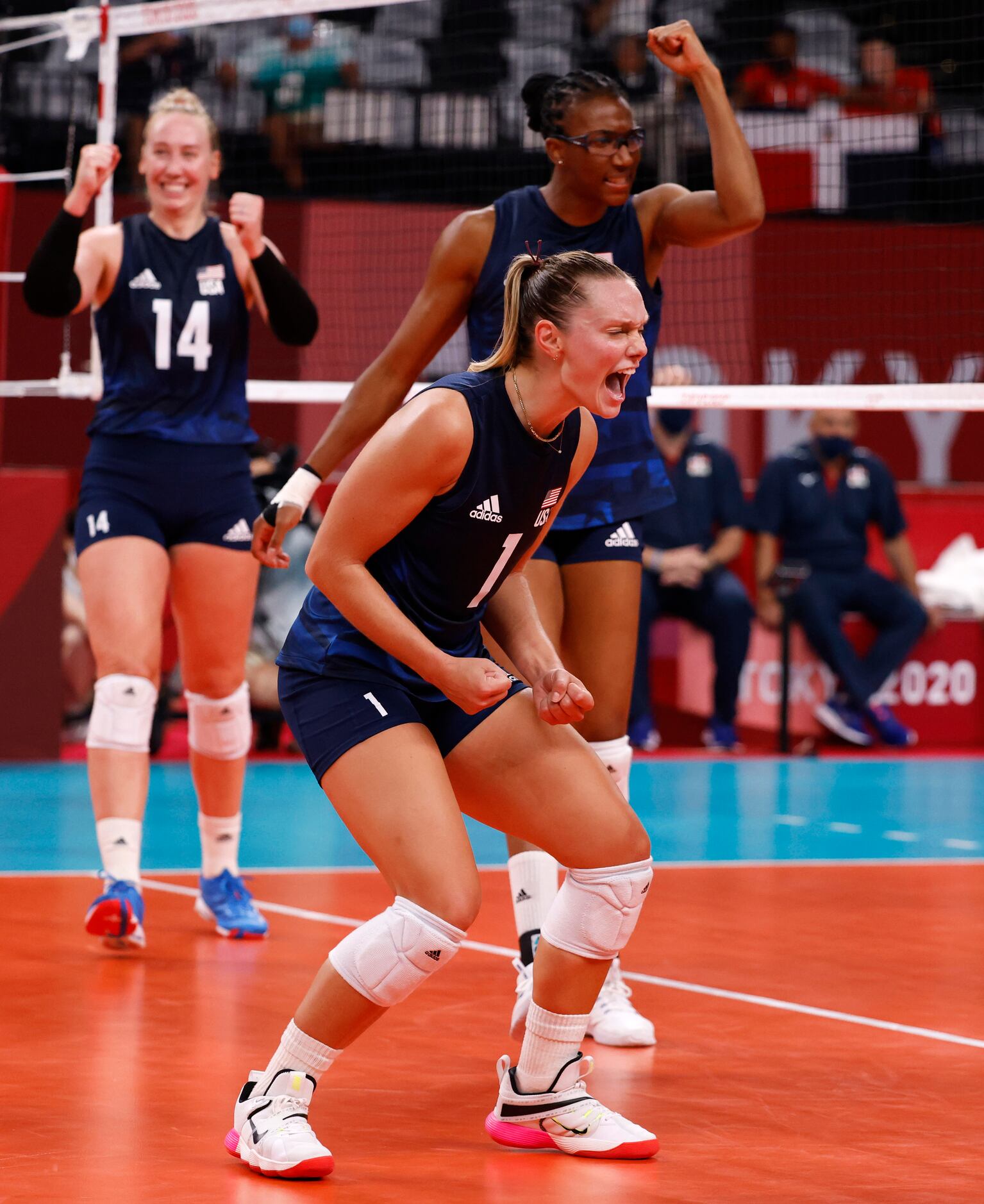 USA’s Micha Hancock (1) and teammates celebrate after scoring a point against the Dominican...