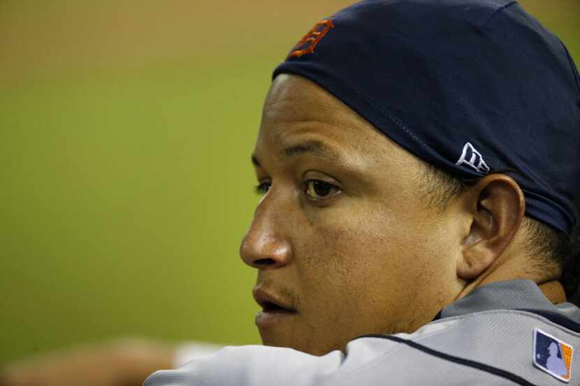 Detroit Tigers' Miguel Cabrera in the team dugout during a baseball game against the Texas...