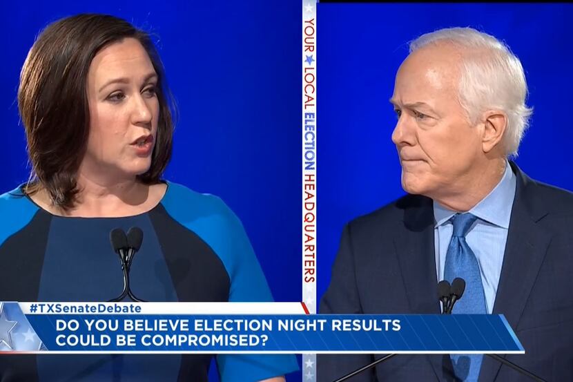 In this frame grab from video, Republican Sen. John Cornyn and Democratic candidate MJ Hegar...