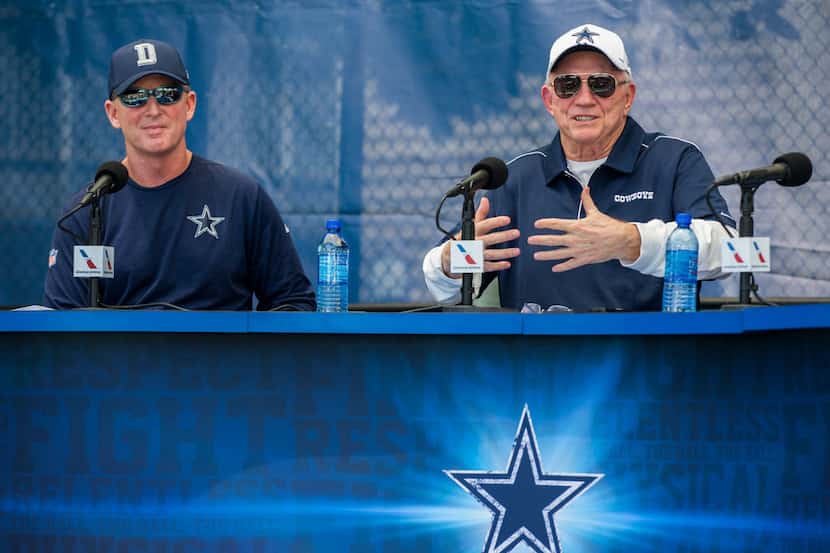 Dallas Cowboys Head Coach Jason Garrett and Owner Jerry Jones speak to reporters during an...