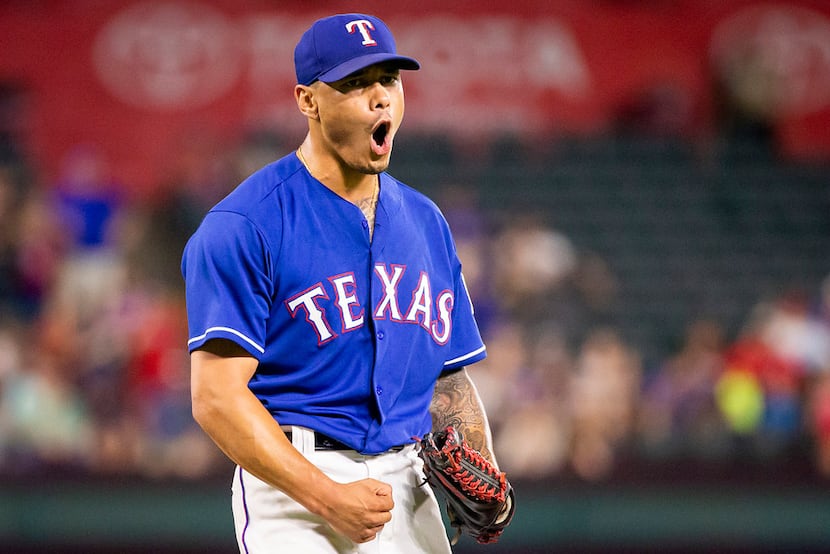 Rangers reliever Keone Kela reacts after closing a 5-2 Rangers win over the San Diego Padres...