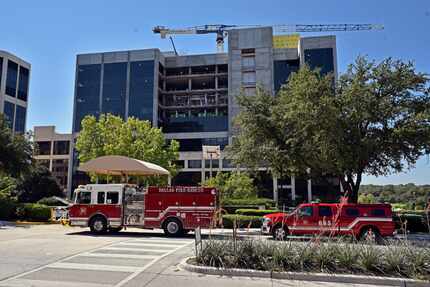 Dallas fire trucks parked outside of Medical City Hospital in Dallas on Tuesday....