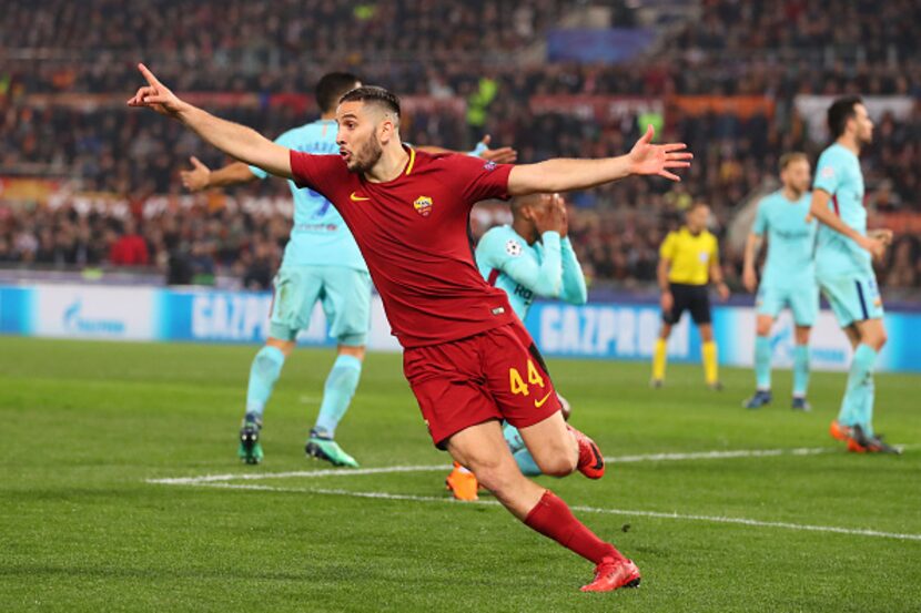 Manolas de AS Roma celebrando su gol ante Barcelona en la Champions. (Photo by Catherine...